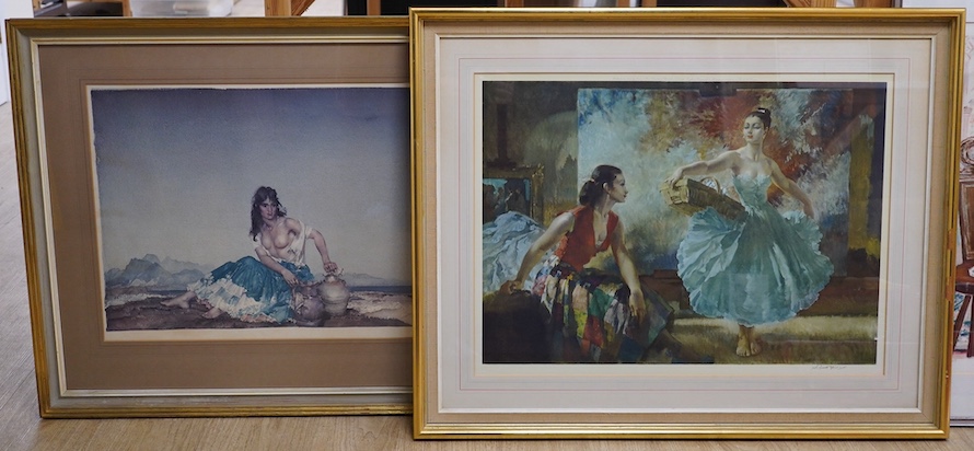 Sir William Russell Flint (Scottish,1880-1969), two colour prints, Semi-nude woman and two women in an interior, each signed in pencil, one published 1958 by Frost & Reed Ltd., 48 x 65cm. Condition - fair